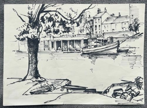 PETER SPINK 1959 ORIGINAL VINTAGE INK DRAWING OF HILLS BOATYARD RIVER OUSE YORK - ADDITIONAL PHOTO 1
