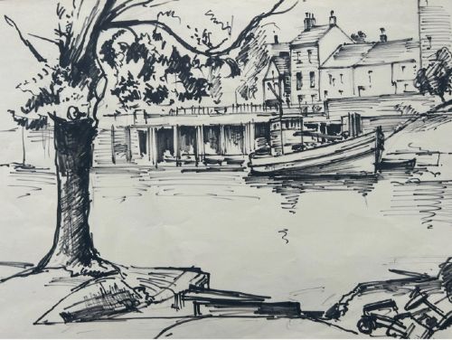 PETER SPINK 1959 ORIGINAL VINTAGE INK DRAWING OF HILLS BOATYARD RIVER OUSE YORK - ADDITIONAL PHOTO 2