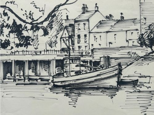 PETER SPINK 1959 ORIGINAL VINTAGE INK DRAWING OF HILLS BOATYARD RIVER OUSE YORK - ADDITIONAL PHOTO 3