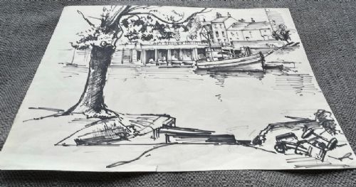 PETER SPINK 1959 ORIGINAL VINTAGE INK DRAWING OF HILLS BOATYARD RIVER OUSE YORK - ADDITIONAL PHOTO 4
