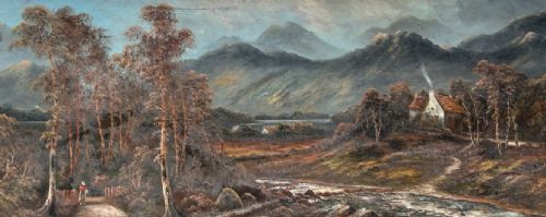 LARGE SIGNED ORIGINAL ANTIQUE OIL PAINTING ON BOARD HIGHLAND COTTAGE AND MOUNTAINS LANDSCAPE SCENE 1 - ADDITIONAL PHOTO 3