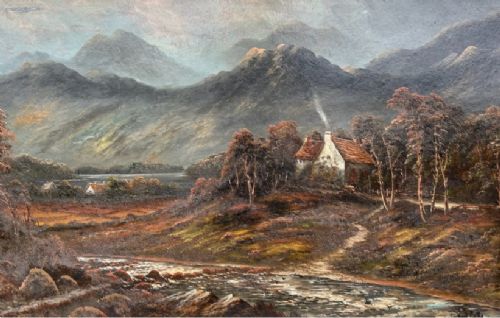 LARGE SIGNED ORIGINAL ANTIQUE OIL PAINTING ON BOARD HIGHLAND COTTAGE AND MOUNTAINS LANDSCAPE SCENE 1 - ADDITIONAL PHOTO 4
