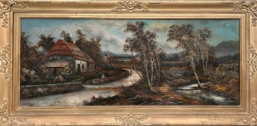 LARGE SIGNED ORIGINAL ANTIQUE OIL PAINTING ON BOARD OF HIGHLAND COTTAGE LANDSCAPE SCENE 2 - ADDITIONAL PHOTO 2