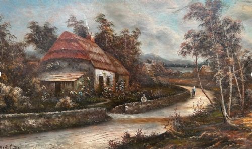 LARGE SIGNED ORIGINAL ANTIQUE OIL PAINTING ON BOARD OF HIGHLAND COTTAGE LANDSCAPE SCENE 2 - ADDITIONAL PHOTO 5