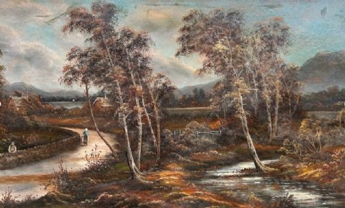 LARGE SIGNED ORIGINAL ANTIQUE OIL PAINTING ON BOARD OF HIGHLAND COTTAGE LANDSCAPE SCENE 2 - ADDITIONAL PHOTO 7