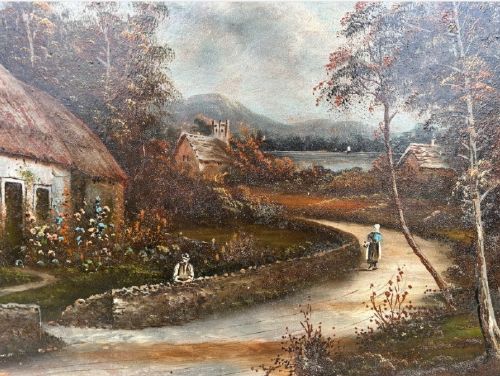 LARGE SIGNED ORIGINAL ANTIQUE OIL PAINTING ON BOARD OF HIGHLAND COTTAGE LANDSCAPE SCENE 2 - ADDITIONAL PHOTO 8