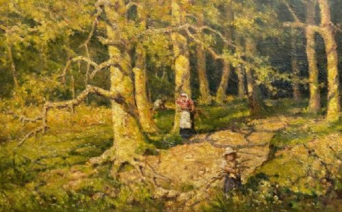 FERDINAND E GRNE RBA SIGNED ORIGINAL ANTIQUE OIL PAINTING ON CANVAS WOODLAND WITH FIGURES BRITISH LANDSCAPE - ADDITIONAL PHOTO 2