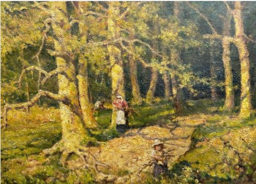 FERDINAND E GRNE RBA SIGNED ORIGINAL ANTIQUE OIL PAINTING ON CANVAS WOODLAND WITH FIGURES BRITISH LANDSCAPE - ADDITIONAL PHOTO 5