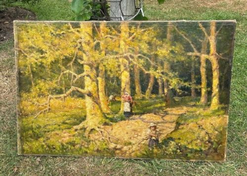 FERDINAND E GRNE RBA SIGNED ORIGINAL ANTIQUE OIL PAINTING ON CANVAS WOODLAND WITH FIGURES BRITISH LANDSCAPE - ADDITIONAL PHOTO 6