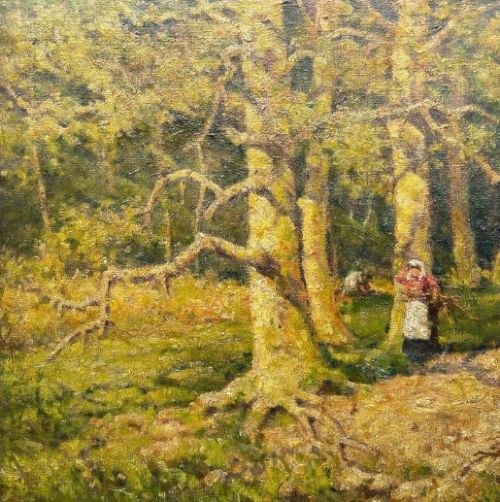 FERDINAND E GRNE RBA SIGNED ORIGINAL ANTIQUE OIL PAINTING ON CANVAS WOODLAND WITH FIGURES BRITISH LANDSCAPE - ADDITIONAL PHOTO 8