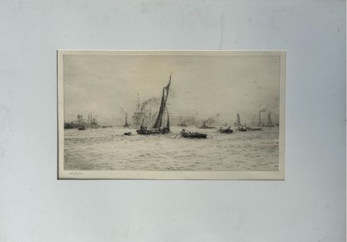 fig 1. A monochrome etching depicting sailing barges, steamships, and tugboats on the River Thames at Blackwall Reach, pencil-signed by artist William Lionel Wyllie in the lower left margin.