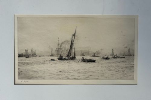 A monochrome etching depicting sailing barges, steamships, and tugboats on the River Thames at Blackwall Reach, pencil-signed by artist William Lionel Wyllie in the lower left margin. View V