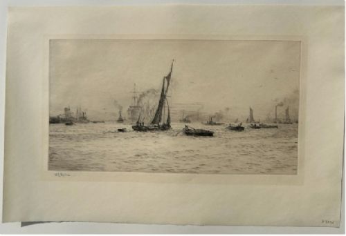 A monochrome etching depicting sailing barges, steamships, and tugboats on the River Thames at Blackwall Reach, pencil-signed by artist William Lionel Wyllie in the lower left margin. View VII