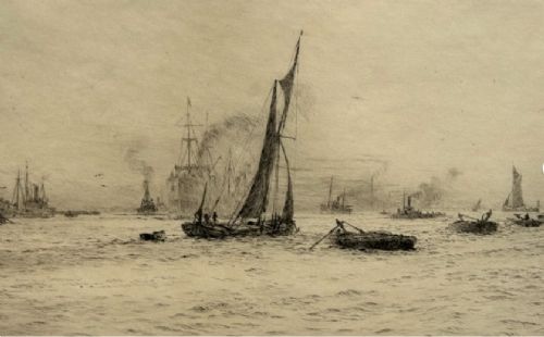 A monochrome etching depicting sailing barges, steamships, and tugboats on the River Thames at Blackwall Reach, pencil-signed by artist William Lionel Wyllie in the lower left margin. View IX