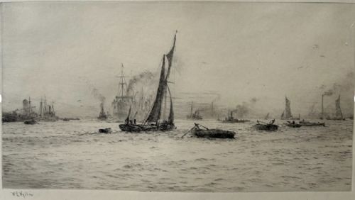 A monochrome etching depicting sailing barges, steamships, and tugboats on the River Thames at Blackwall Reach, pencil-signed by artist William Lionel Wyllie in the lower left margin. View XII