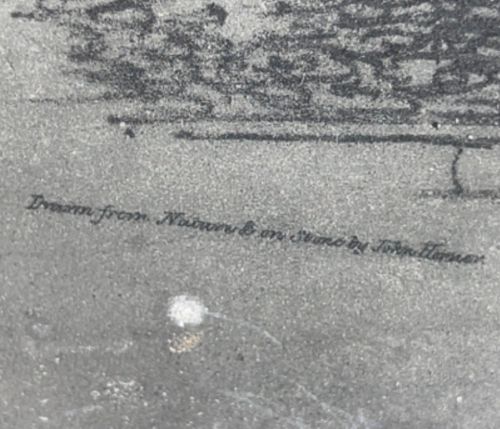 An early nineteenth-century rectangular dark metal printing plate depicting an etched historical scene of figures near a stone monument in Halifax. View VI