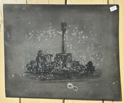 An early nineteenth-century rectangular dark metal printing plate depicting an etched historical scene of figures near a stone monument in Halifax. View VII