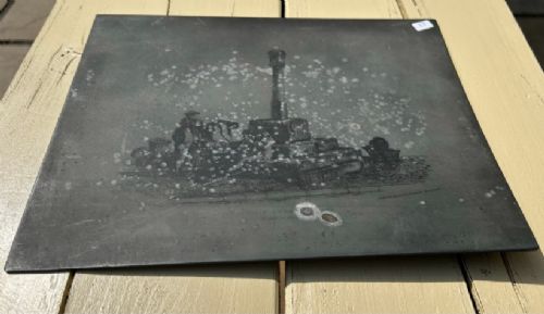 An early nineteenth-century rectangular dark metal printing plate depicting an etched historical scene of figures near a stone monument in Halifax. View VIII
