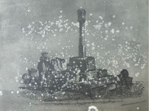 An early nineteenth-century rectangular dark metal printing plate depicting an etched historical scene of figures near a stone monument in Halifax. View IX