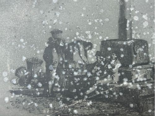 An early nineteenth-century rectangular dark metal printing plate depicting an etched historical scene of figures near a stone monument in Halifax. View X