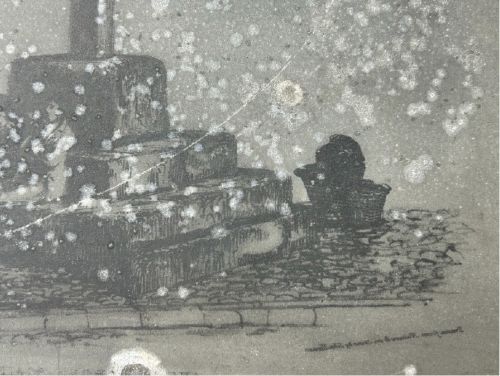 An early nineteenth-century rectangular dark metal printing plate depicting an etched historical scene of figures near a stone monument in Halifax. View XI
