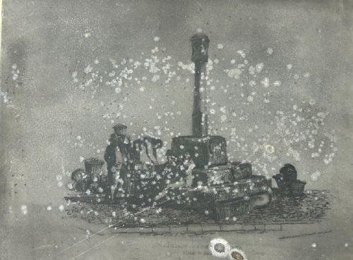 An early nineteenth-century rectangular dark metal printing plate depicting an etched historical scene of figures near a stone monument in Halifax. View XII