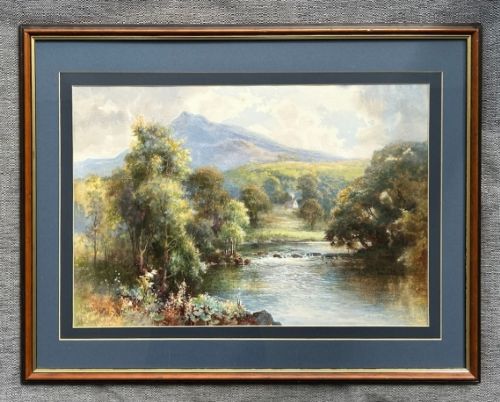fig 1. An Edwardian watercolour landscape painting depicting the River Llugwy flowing through trees towards a mountain peak under a cloud-filled sky.