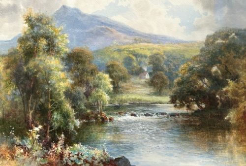 fig 2. An Edwardian watercolour landscape painting depicting the River Llugwy flowing through trees towards a mountain peak under a cloud-filled sky.