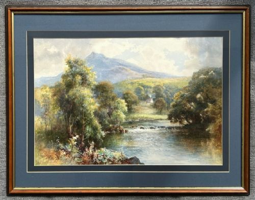 fig 3. An Edwardian watercolour landscape painting depicting the River Llugwy flowing through trees towards a mountain peak under a cloud-filled sky.