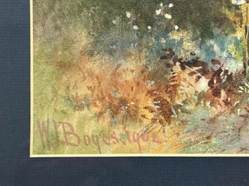 An Edwardian watercolour landscape painting depicting the River Llugwy flowing through trees towards a mountain peak under a cloud-filled sky. View V