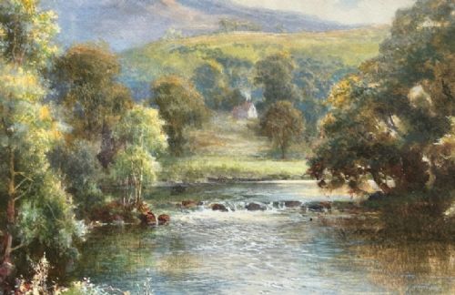 An Edwardian watercolour landscape painting depicting the River Llugwy flowing through trees towards a mountain peak under a cloud-filled sky. View VI