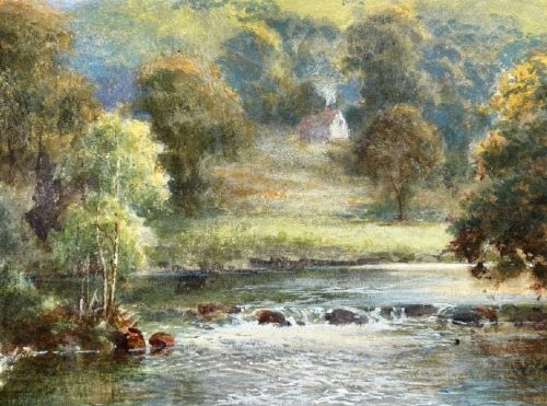 An Edwardian watercolour landscape painting depicting the River Llugwy flowing through trees towards a mountain peak under a cloud-filled sky. View VII