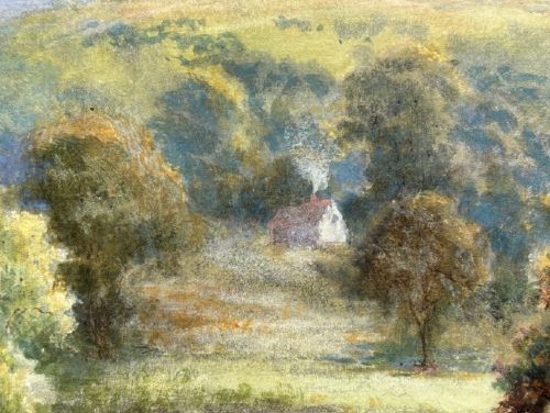 An Edwardian watercolour landscape painting depicting the River Llugwy flowing through trees towards a mountain peak under a cloud-filled sky. View VIII