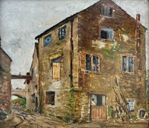 fig 1. An early twentieth-century oil painting on panel depicting a stone mill building, framed within a fabric slip and a moulded giltwood frame.