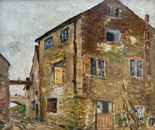 An early twentieth-century oil painting on panel depicting a stone mill building, framed within a fabric slip and a moulded giltwood frame. View IV