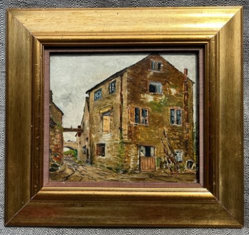 An early twentieth-century oil painting on panel depicting a stone mill building, framed within a fabric slip and a moulded giltwood frame. View V
