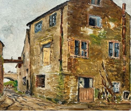 An early twentieth-century oil painting on panel depicting a stone mill building, framed within a fabric slip and a moulded giltwood frame. View VI