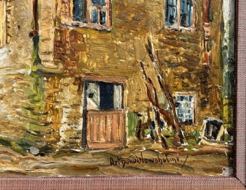 An early twentieth-century oil painting on panel depicting a stone mill building, framed within a fabric slip and a moulded giltwood frame. View VII