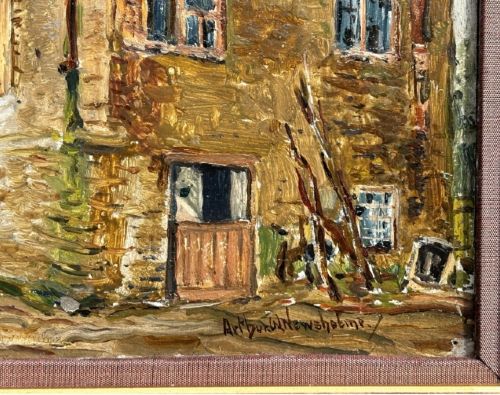 An early twentieth-century oil painting on panel depicting a stone mill building, framed within a fabric slip and a moulded giltwood frame. View VIII
