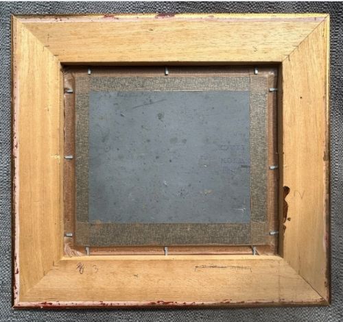An early twentieth-century oil painting on panel depicting a stone mill building, framed within a fabric slip and a moulded giltwood frame. View XI