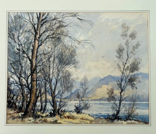 fig 1. An original landscape watercolour painting depicting bare winter trees on a lake shoreline with distant Cumbrian mountains rendered in muted blue, grey, and brown tones.