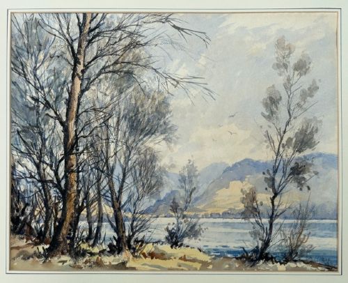 An original landscape watercolour painting depicting bare winter trees on a lake shoreline with distant Cumbrian mountains rendered in muted blue, grey, and brown tones. View III