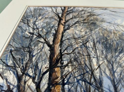 An original landscape watercolour painting depicting bare winter trees on a lake shoreline with distant Cumbrian mountains rendered in muted blue, grey, and brown tones. View IV