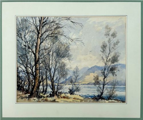 An original landscape watercolour painting depicting bare winter trees on a lake shoreline with distant Cumbrian mountains rendered in muted blue, grey, and brown tones. View VI