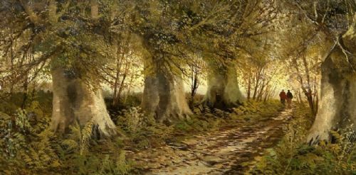 fig 1. A late 19th-century framed oil painting depicting two small figures walking along a wooded path surrounded by mature trees in an autumn landscape.