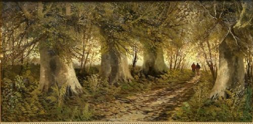 fig 3. A late 19th-century framed oil painting depicting two small figures walking along a wooded path surrounded by mature trees in an autumn landscape.