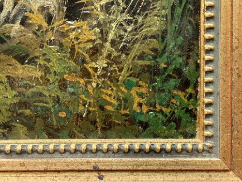 fig 4. A late 19th-century framed oil painting depicting two small figures walking along a wooded path surrounded by mature trees in an autumn landscape.