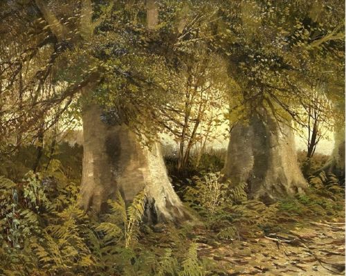 fig 5. A late 19th-century framed oil painting depicting two small figures walking along a wooded path surrounded by mature trees in an autumn landscape.
