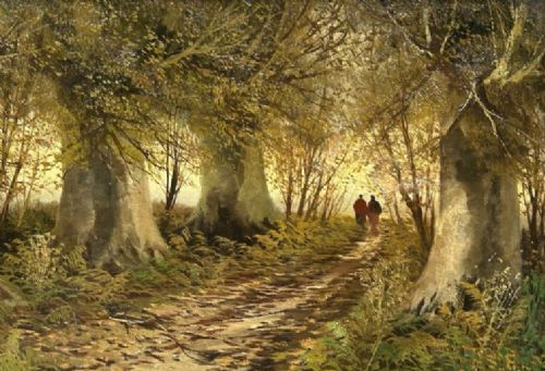 A late 19th-century framed oil painting depicting two small figures walking along a wooded path surrounded by mature trees in an autumn landscape. View VII