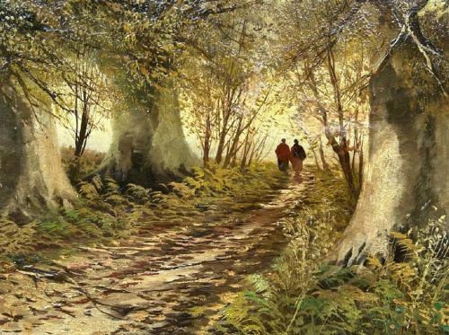 A late 19th-century framed oil painting depicting two small figures walking along a wooded path surrounded by mature trees in an autumn landscape. View VIII
